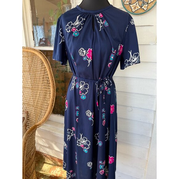 Vintage 70's MOD 2 Piece Dress Jacket Blue Pink Floral Size M Poly Knit - Picture 2 of 16